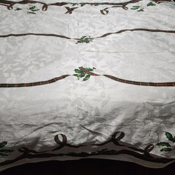 Lenox Tablecloth 106" X 156" Holiday Cotton Blend Christmas Cream Ribbon Holly - Picture 1 of 6